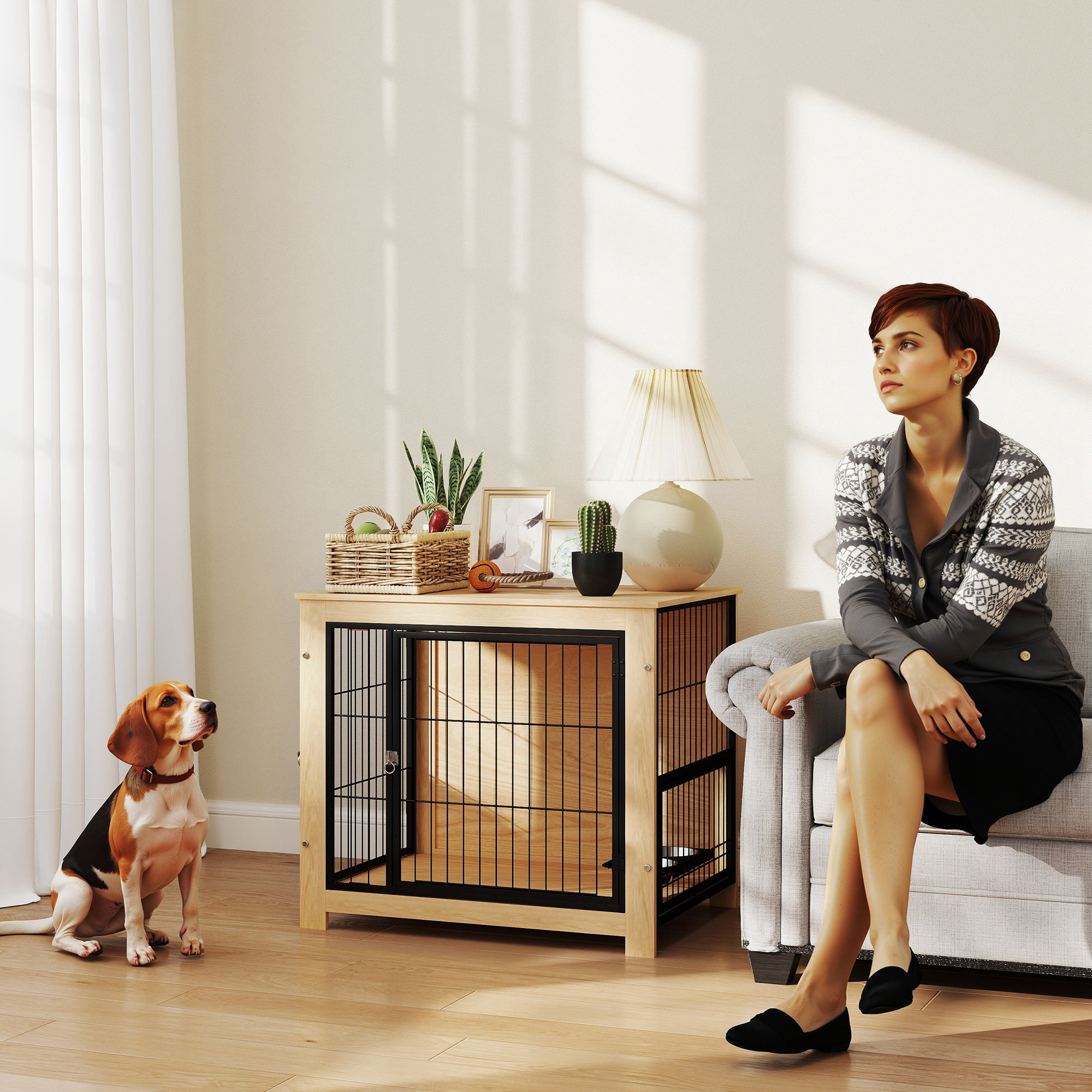 Jaula para Perros Mesa Auxiliar Moderna Casa para Mascotas con 2 Puertas Soporte Giratorio con 2 Tazones y Estructura de Acero para Perros Medianos 80x60x68 cm Roble