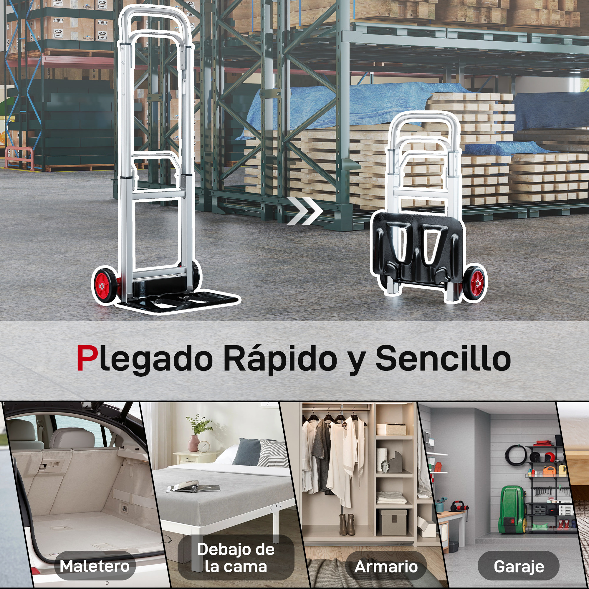 Carretilla Plegable de Aluminio con Mango Telescópico Ajustable, Carga 90 kg, Carretilla de Mano con Ruedas, para Garaje, Oficina, Equipaje, Viajes, Mudanzas y Compras, Plata y Negro