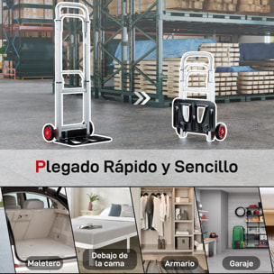 Carretilla Plegable de Aluminio con Mango Telescópico Ajustable, Carga 90 kg, Carretilla de Mano con Ruedas, para Garaje, Oficina, Equipaje, Viajes, Mudanzas y Compras, Plata y Negro