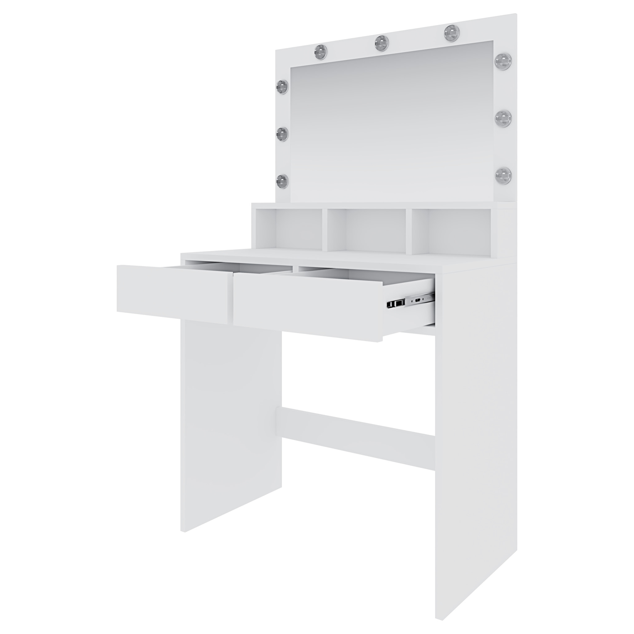 Toeletta Tavolino Da Trucco Tavolo Con 9 Luci LED Con Luminosità Regolabile 2 Cassetti 3 Scomparti A Giorno Specchio Make Up 40x80x140 Cm Bianco