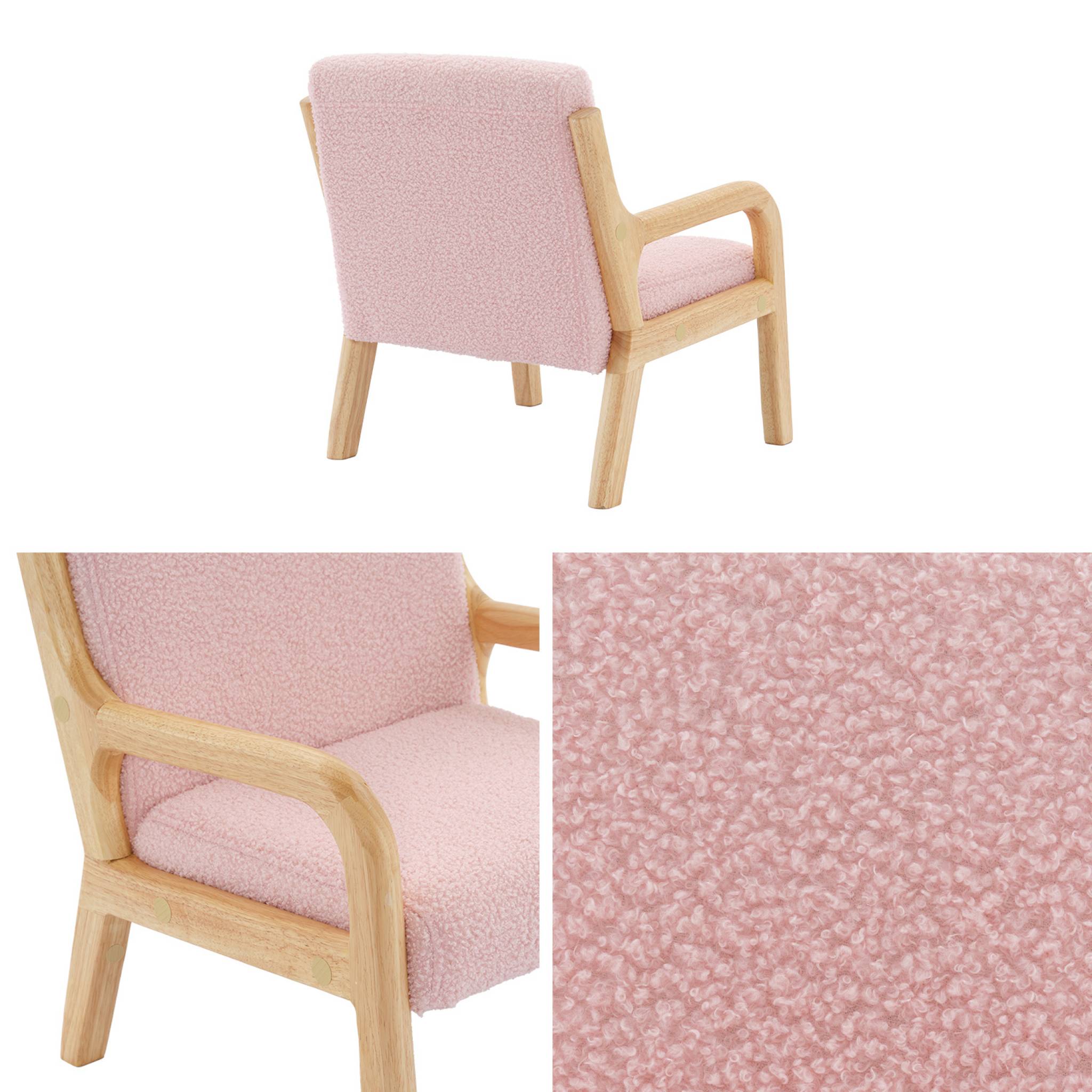 Fauteuil scandinave enfant en bois et tissu bouclette rose