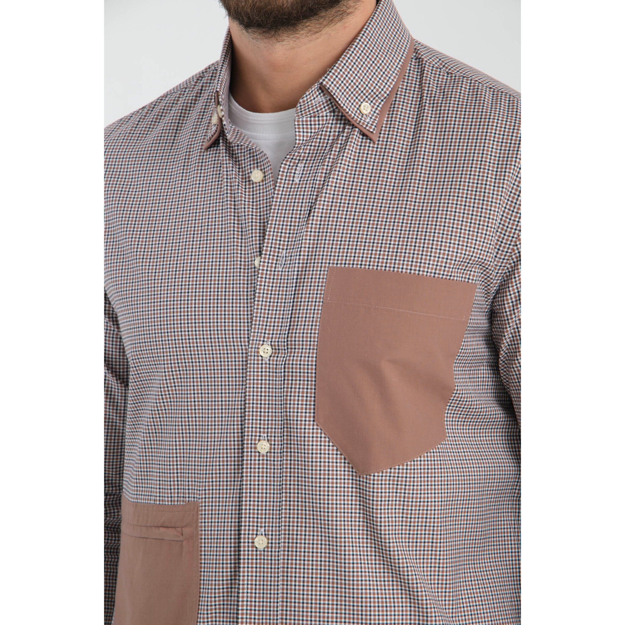 Camicia Uomo 1 Bottone Button Down Popeline Stretch Marrone/Bianco