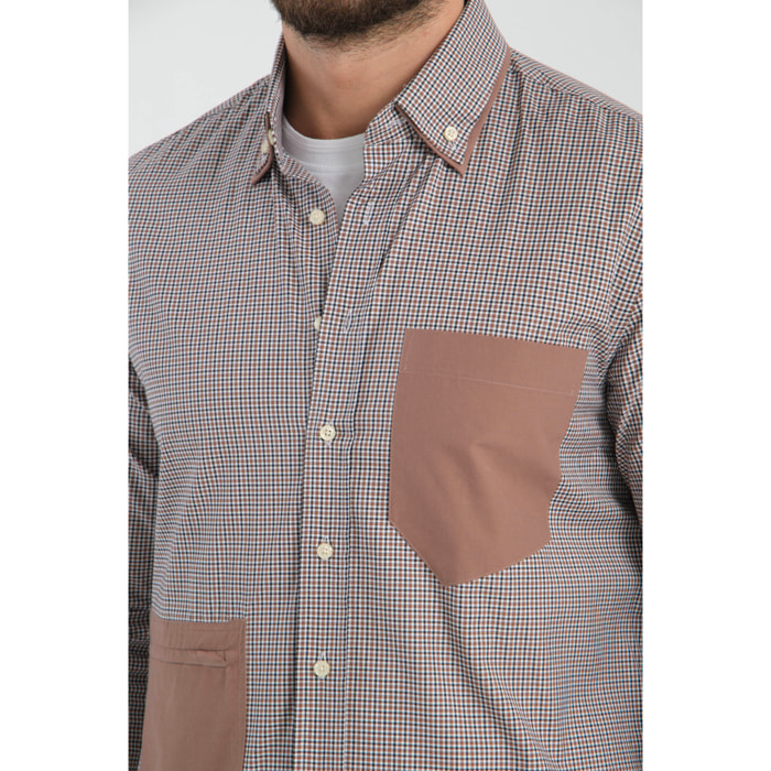Camicia Uomo 1 Bottone Button Down Popeline Stretch Marrone/Bianco