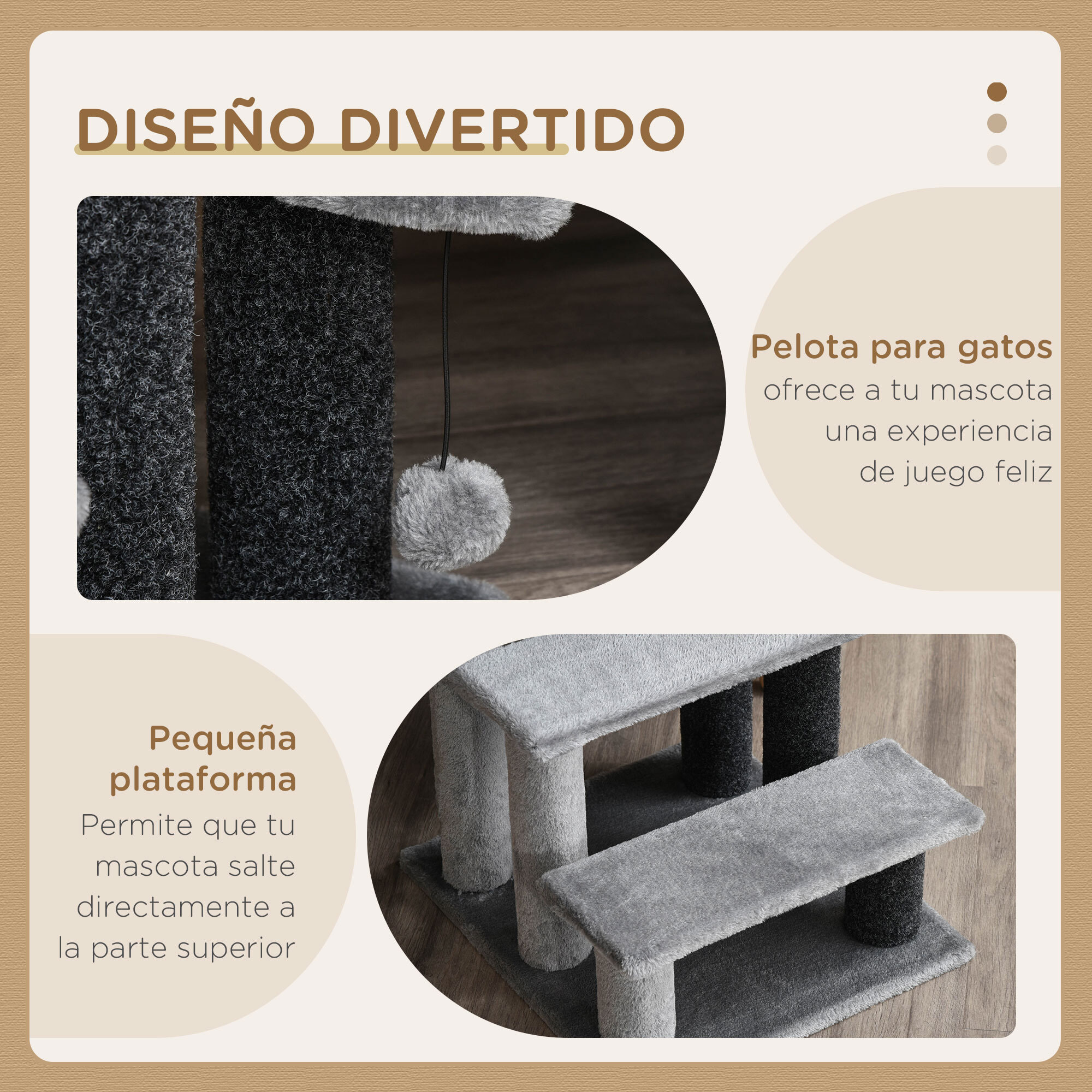 Escaleras para Gatos de 3 Escalones Escaleras para Mascotas Árbol Rascador para Gatos Pequeño con Poste Rascador Bola Colgante 45x40x48 cm Gris