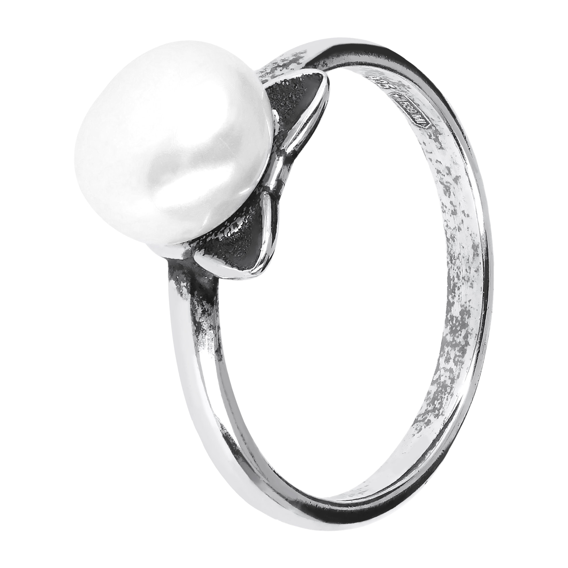 PERLAVIVA - Anello Solitario Gatto in Argento 925 placcato Rodio con Perla Bianca d'Acqua Dolce Ø8mm