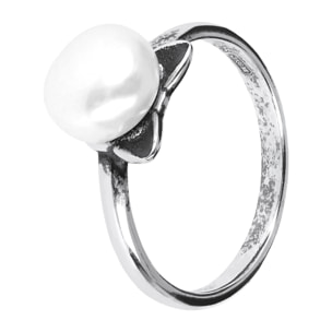 PERLAVIVA - Anello Solitario Gatto in Argento 925 placcato Rodio con Perla Bianca d'Acqua Dolce Ø8mm
