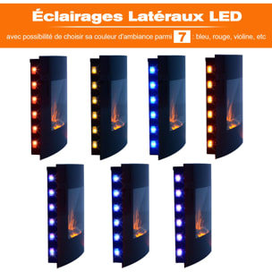 Cheminée électrique murale éclairages latéraux LED design avant-gardiste affichage LED avec télécommande et minuterie 1000/2000 W luminosité réglable noir