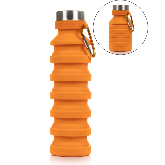 Botella deportiva plegable de silicona. 470 a 550ml, libre de BPA, tapón de rosca de acero inoxidable.