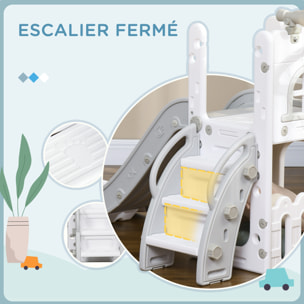 Toboggan pour enfant multifonction - télescope, panier basketball, espace rangement - HDPE blanc gris