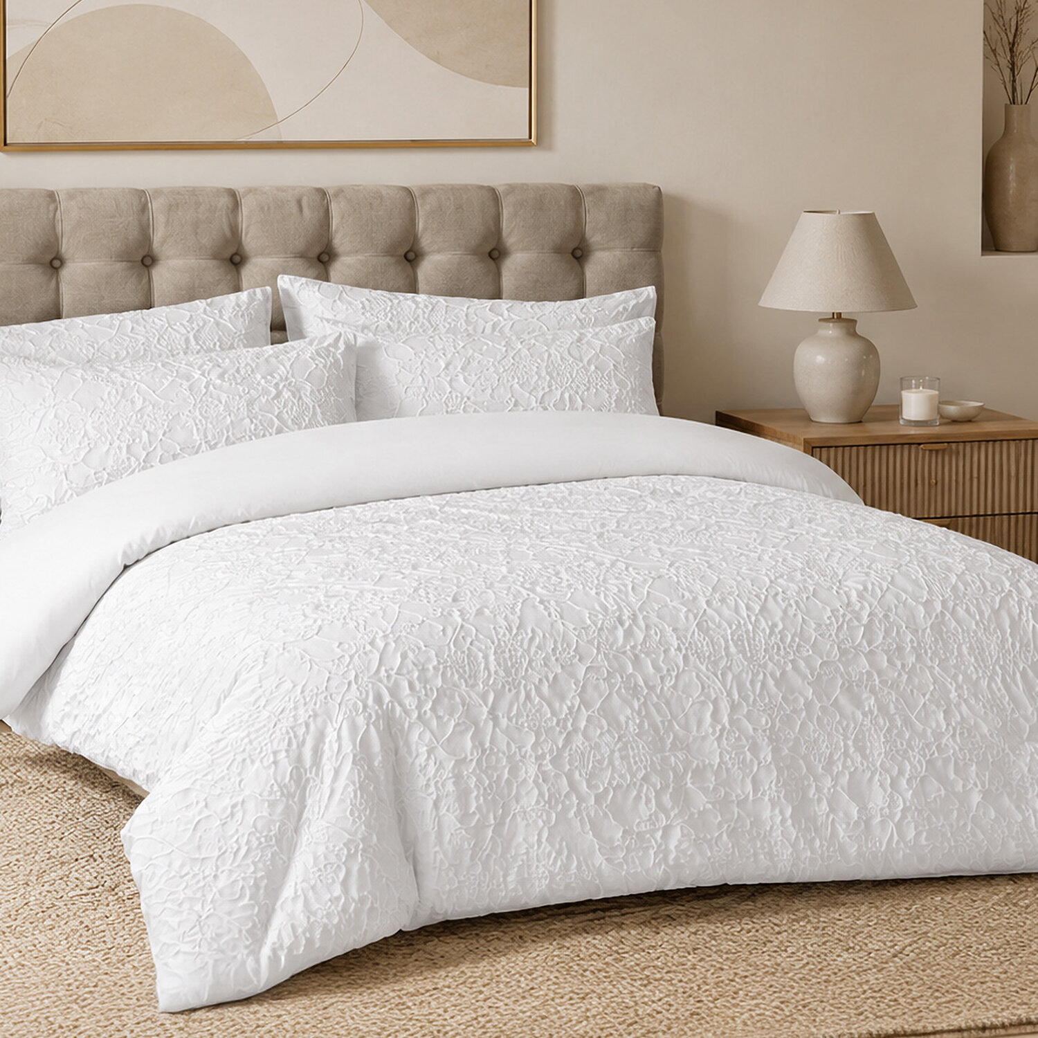 Parure housse de couette 100% microfibre jacquard organique végétal blanc - FOLIA
