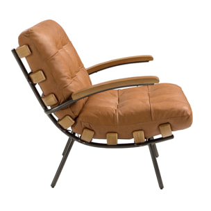 Sillón Angel Cerdá con reposabrazos con asiento y respaldo tapizados en piel de origen vacuno en marrón patas de acero inoxidable oscurecido 70x91x80cm