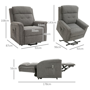 Fauteuil releveur électrique inclinable - repose-pied ajustable - télécommande - Fauteuil de relaxation - tissu polyester aspect lin gris chiné