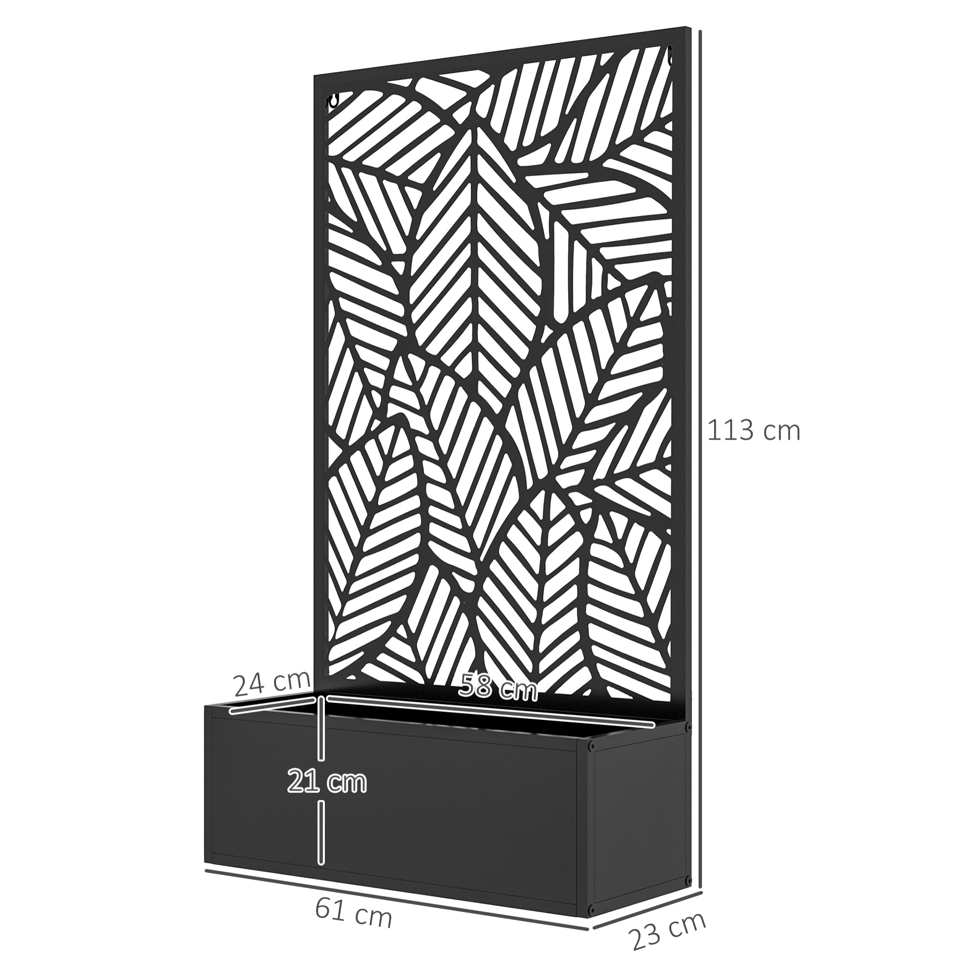 Jardinière avec treillis design - bac à fleurs - dim. 61L x 23l x 113H cm - fixation murale possible - métal époxy noir