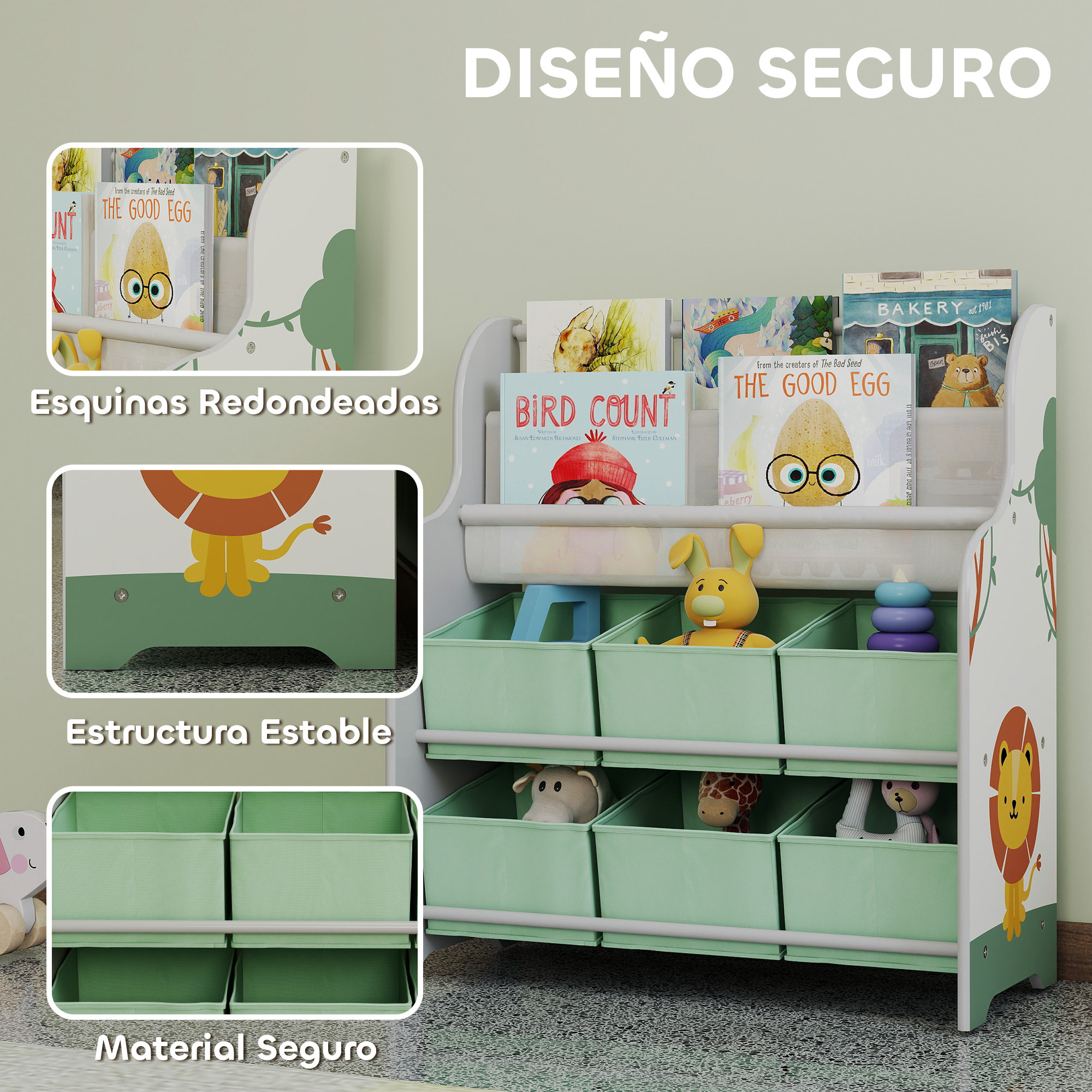 Estantería Infantil para Juguetes, con 6 Cajas Extraíbles de Tela no Tejida, Organizador de Juguetes con 2 Estantes, para Habitación Infantil, Sala de Juegos, Guardería, 63x30x71 cm, Verde