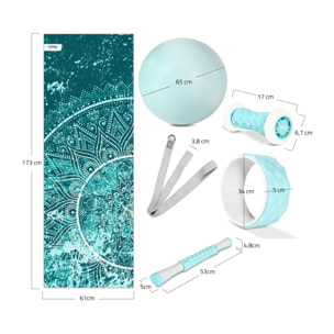 Kit de yoga et Pilates BLEU 6 accessoires tapis, ballon, roue, des masseurs et sangle