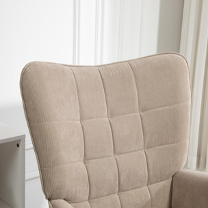 Fauteuil à oreilles et son repose-pieds piètement bois velours côtelé dossier effet capitonné marron clair
