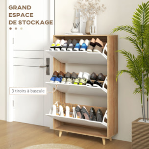 Meuble à chaussures design scandinave - 3 portes abattantes - panneaux blanc aspect bois naturel