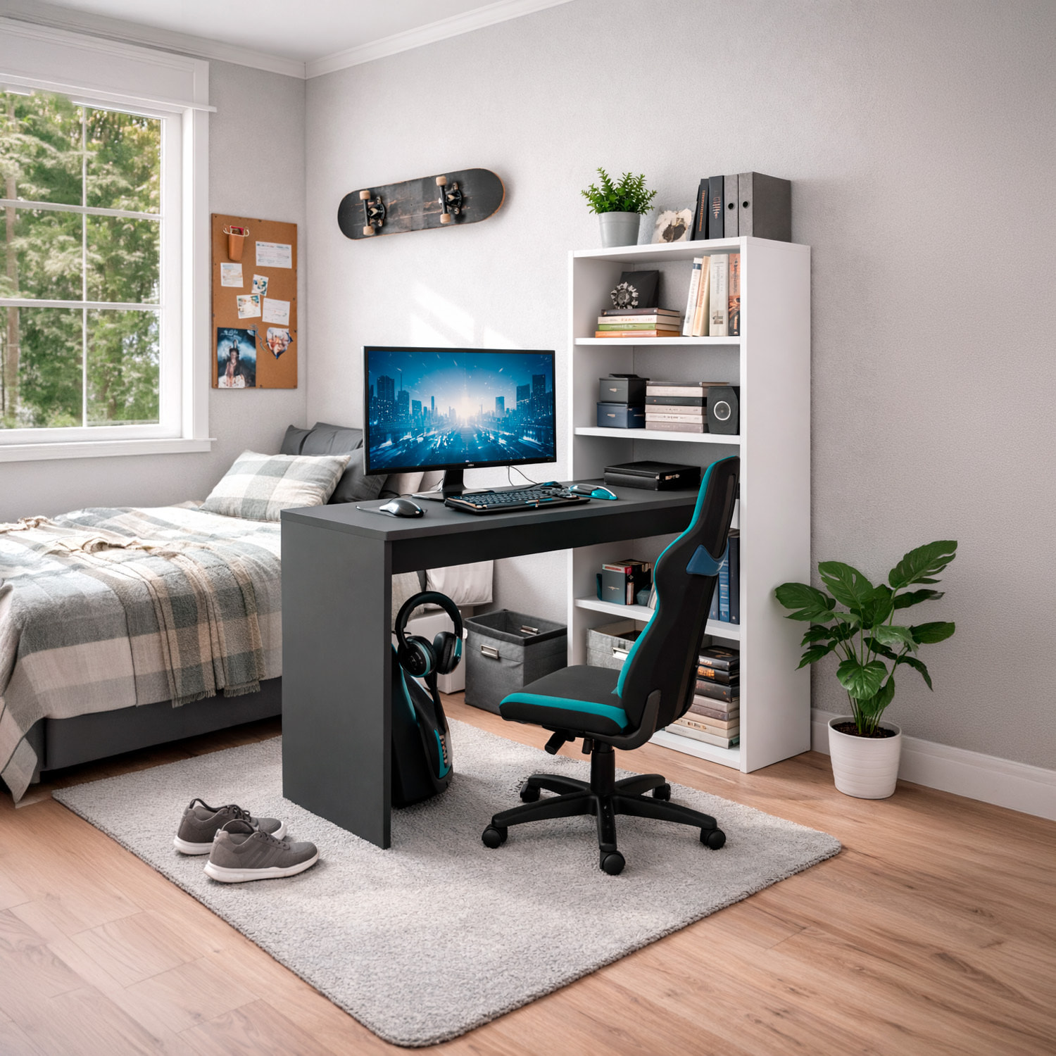 Scrivania Con Libreria Reversibile Kirkensen Scrittoio Scaffali Laterali Mobile Desk da Ufficio Soggiorno 120 x 144 x 53 cm Bianco e Grigio Antracite