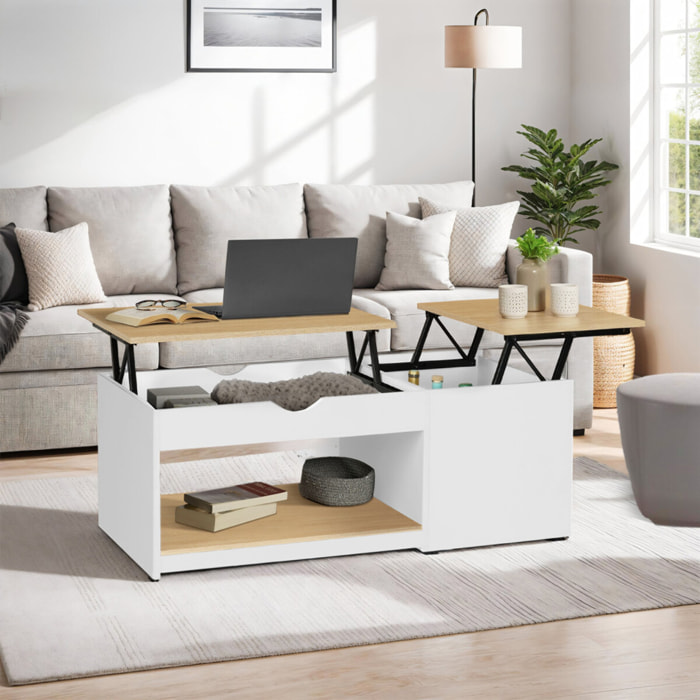 Table basse Elina avec double plateau relevable et coffre latéral L110cm - Bois - Blanc