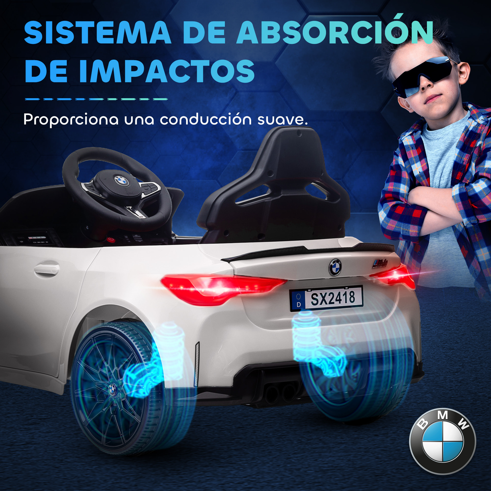 Coche Eléctrico para Niños, BMW M4, Coche de Batería 12V, con Mando a Distancia 2,4 G, Ruedas Traseras con Suspensión, Faros LED, Música, USB, Motor Doble, Blanco