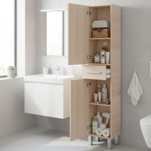 Mobile Alto Da Bagno Con 2 Ante E Cassetto Colonna Mobiletto Armadietto Salvaspazio In Melamina Lavanderia 182 x 35 x 30.5 Cm Rovere