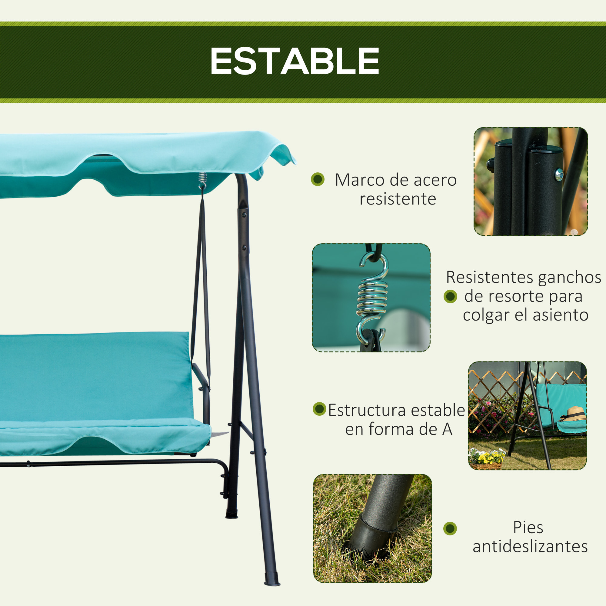 Columpio de Jardín Exterior de 3 Plazas, Balancín de Jardín Exterior con Techo Ajustable y Marco de Acero, para Balcón, Terraza, Patio, Carga 240 kg, 172x110x153 cm, Verde Azulado