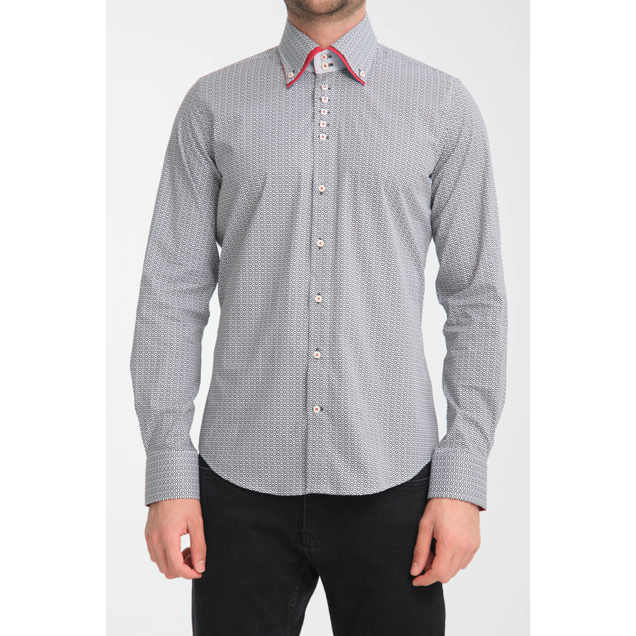 Camicia Uomo 2 Bottoni Button Down 7bottoni Doppio Coll Popeline Stretch Stampato Bianco/Nero