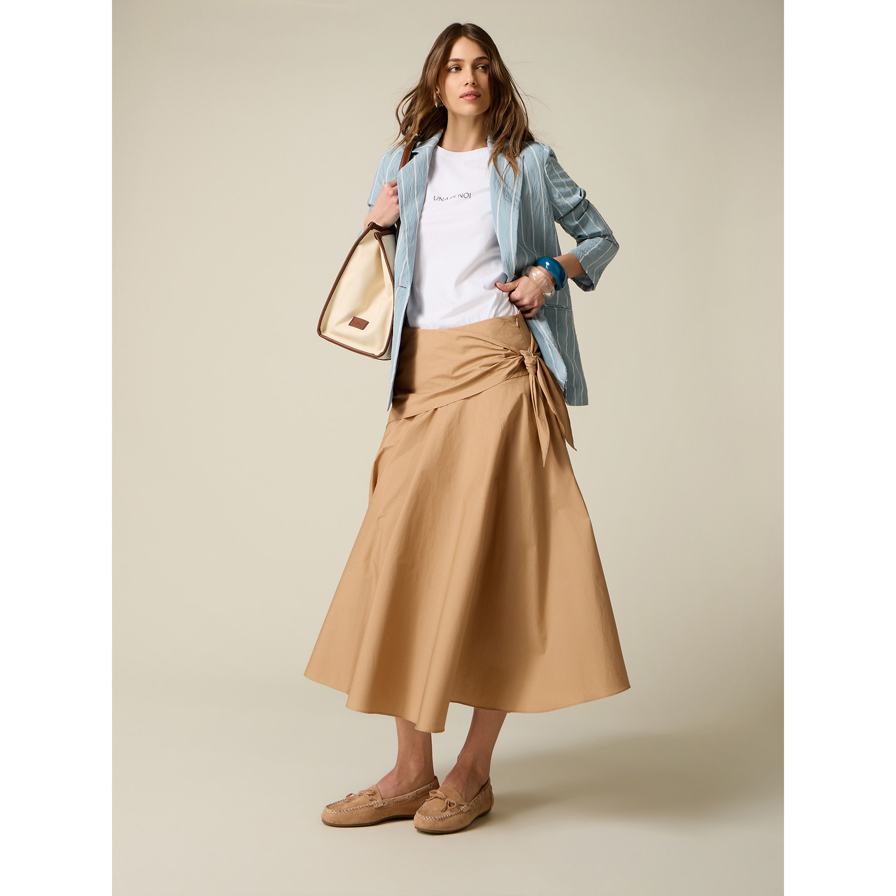 Oltre - Falda en A de popelín con nudo - Beige