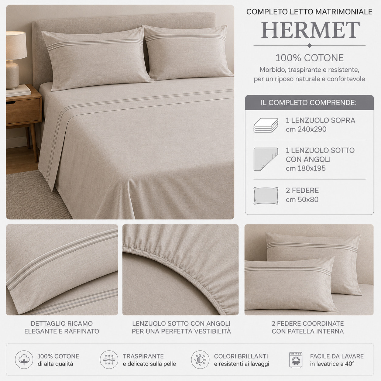HERMET Completo Letto 100% Cotone Volga