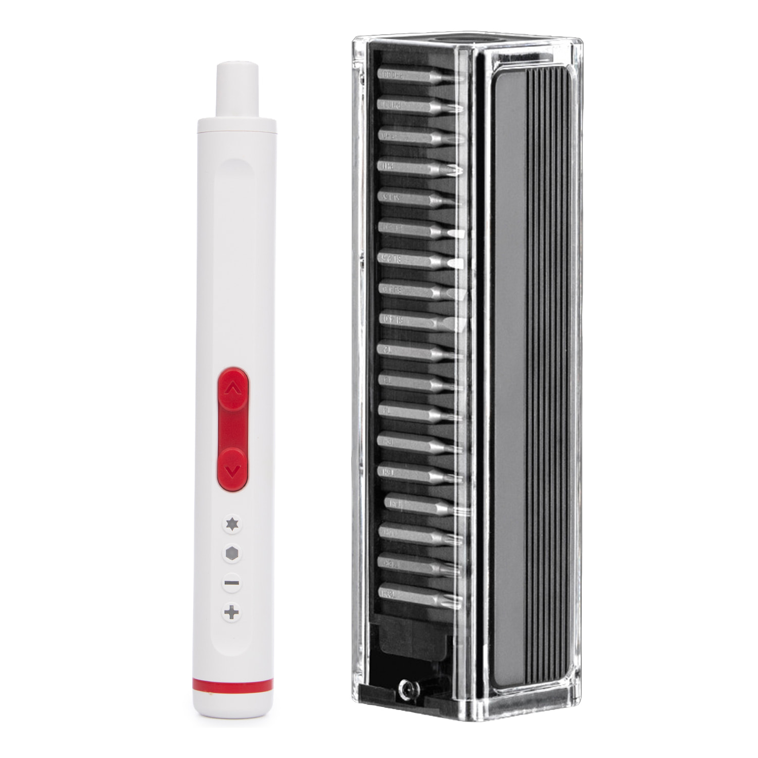 Destornillador eléctrico 40 en 1 con doble luz de trabajo, giro bidireccional, batería recargable de 350mAh, rotación de 170rpm y puntas magnéticas.