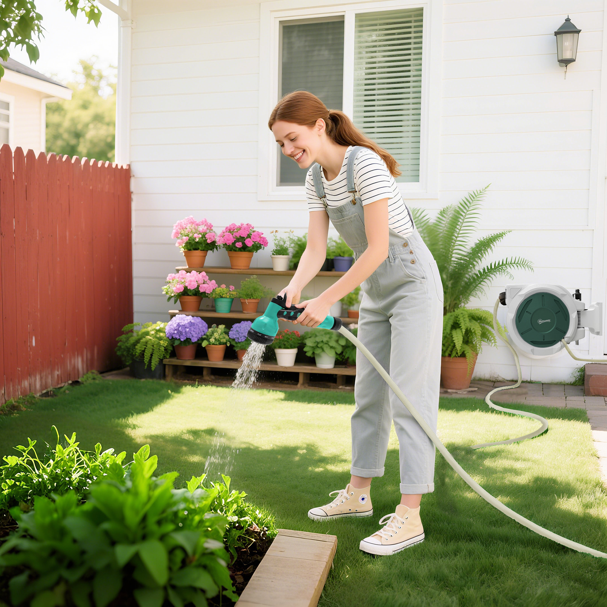 Dévidoir mural enrouleur automatique pivotant 180° tuyau 30 + 2 m avec lance arrosage 7 modes support mural intégré gris clair vert