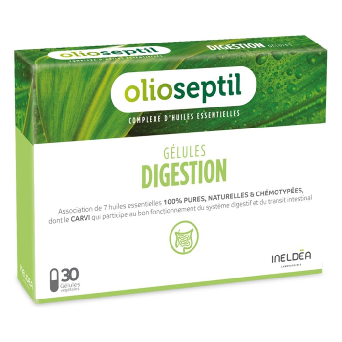 OLIOSEPTIL - Gélules Digestion - Favorise le Confort Digestif & Améliore le Transit - Réduit les Ballonnements - Complexe d'Huiles Essentielles 100% Pures et Naturelles - Sans Gluten - 30 Gélules