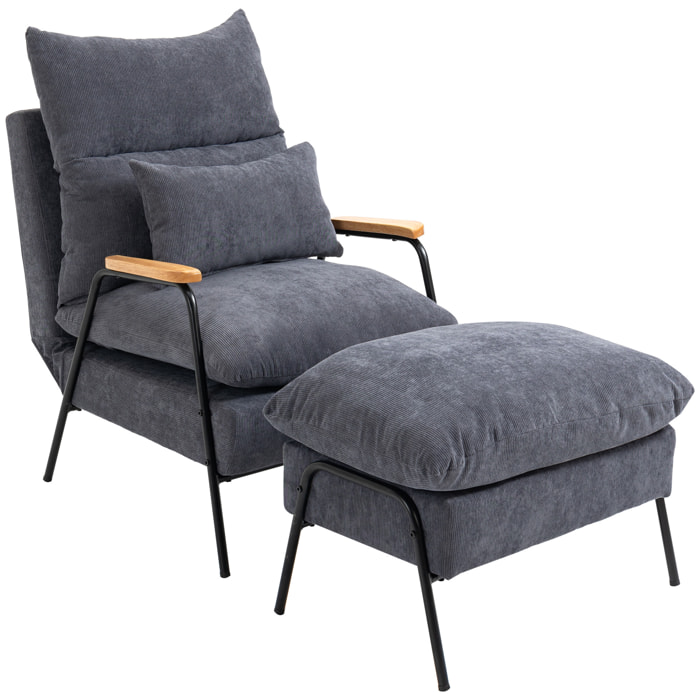 Fauteuil lounge style néo-rétro avec repose-pied - dossier inclinable - structure acier noir accoudoirs bois hévéa revêtement velours cotelé gris