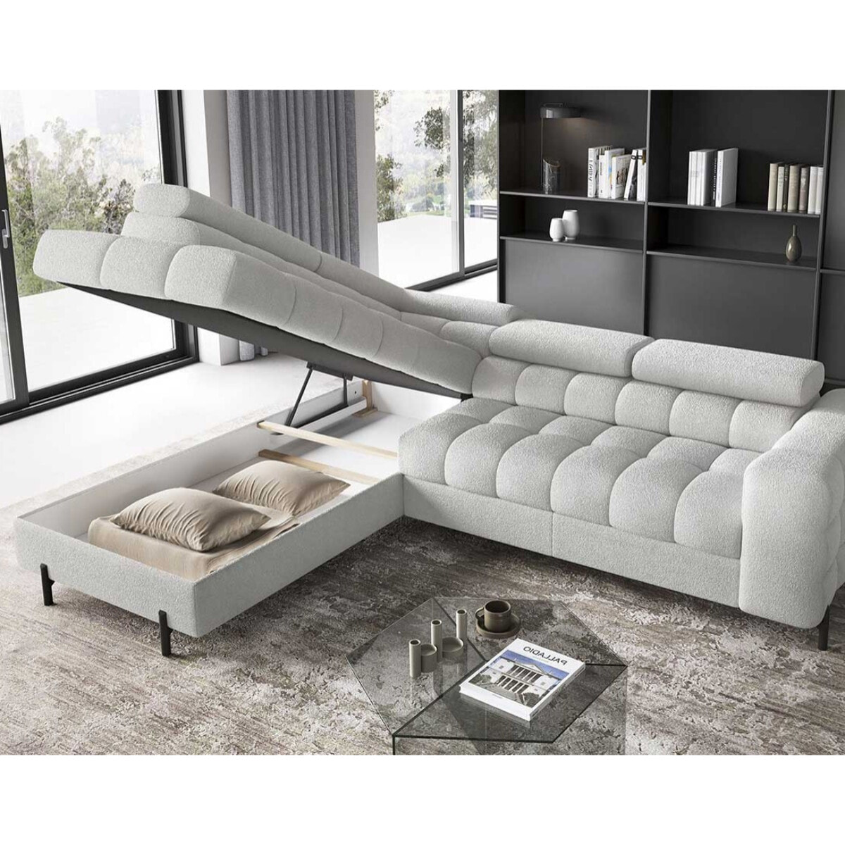 Elisa - canapé d'angle gauche 5 places convertible avec coffre et têtières réglables en tissu bouclette - Gris clair