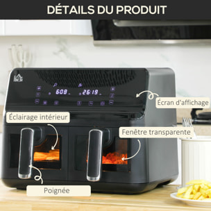 Friteuse à air 2 paniers 2500W 8L - air fryer multifonction 8 programmes - température réglable - timer 60 min. - noir