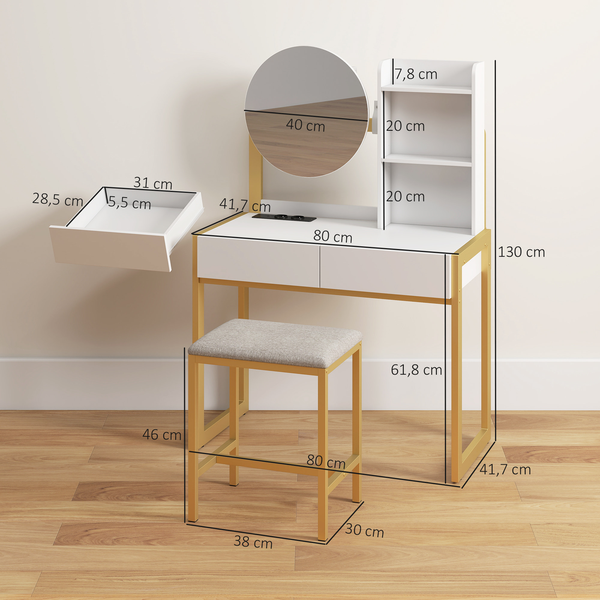 Tocador de Maquillaje con Espejo y Taburete Acolchado, Tocador con Estación de Carga, 2 Cajones, 3 Estantes Abiertos, Puerto USB, Estructura Metálica, para Dormitorio, Blanco