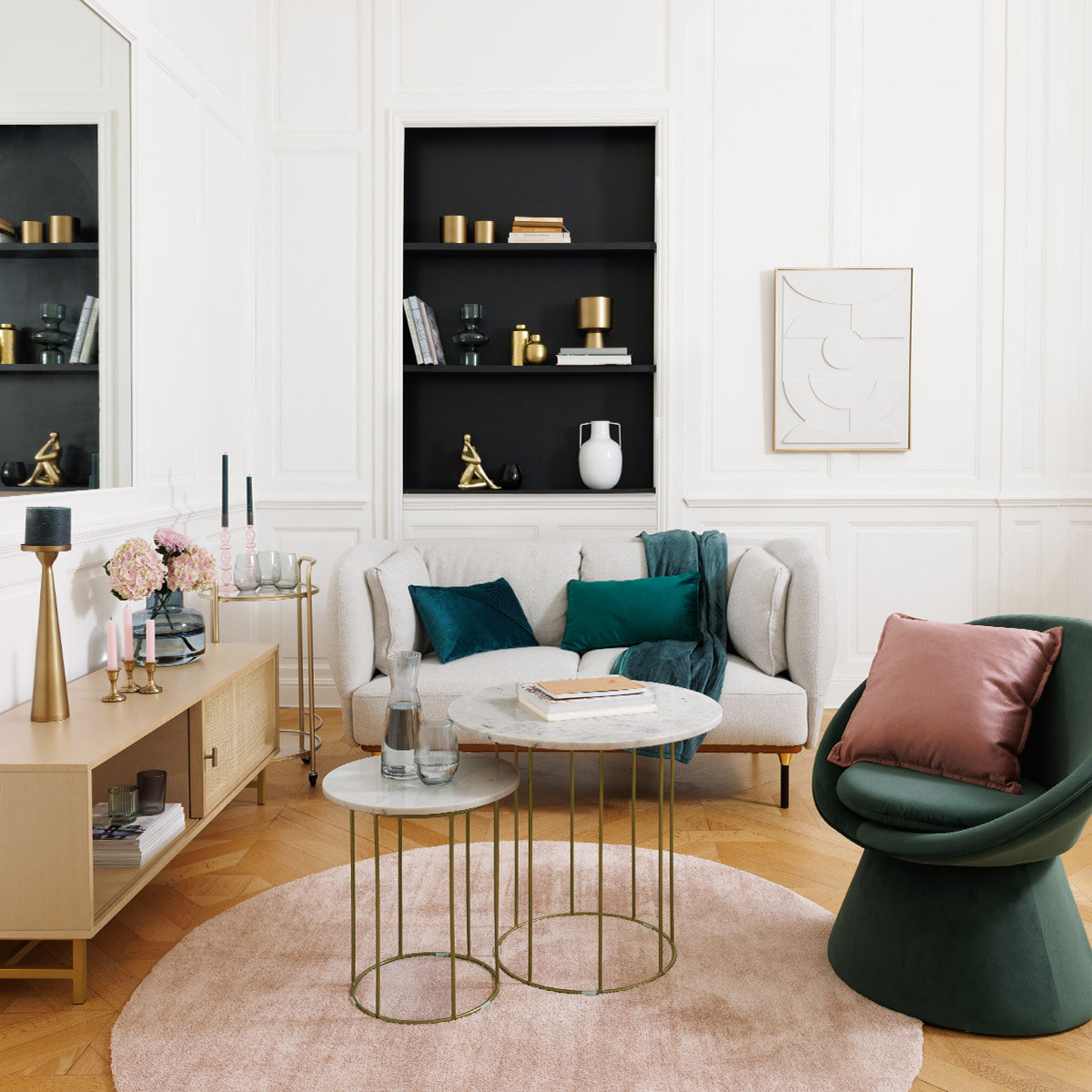 Lot de 2 tables gigognes "Garance" blanc plateau marbre