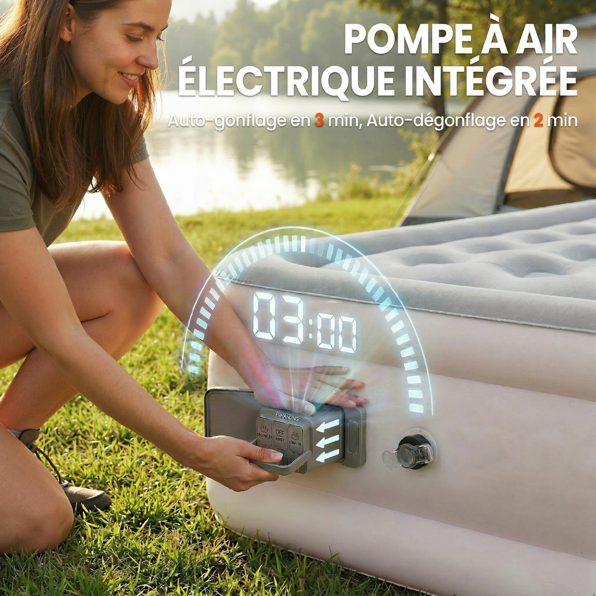 Matelas gonflable électrique - 1 personne - gonfleur intégré - floqué kaki grisé