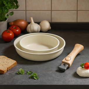 Juego de 2 sartenes ø22ø26cm aluminio fundido blanco + mango desmontable