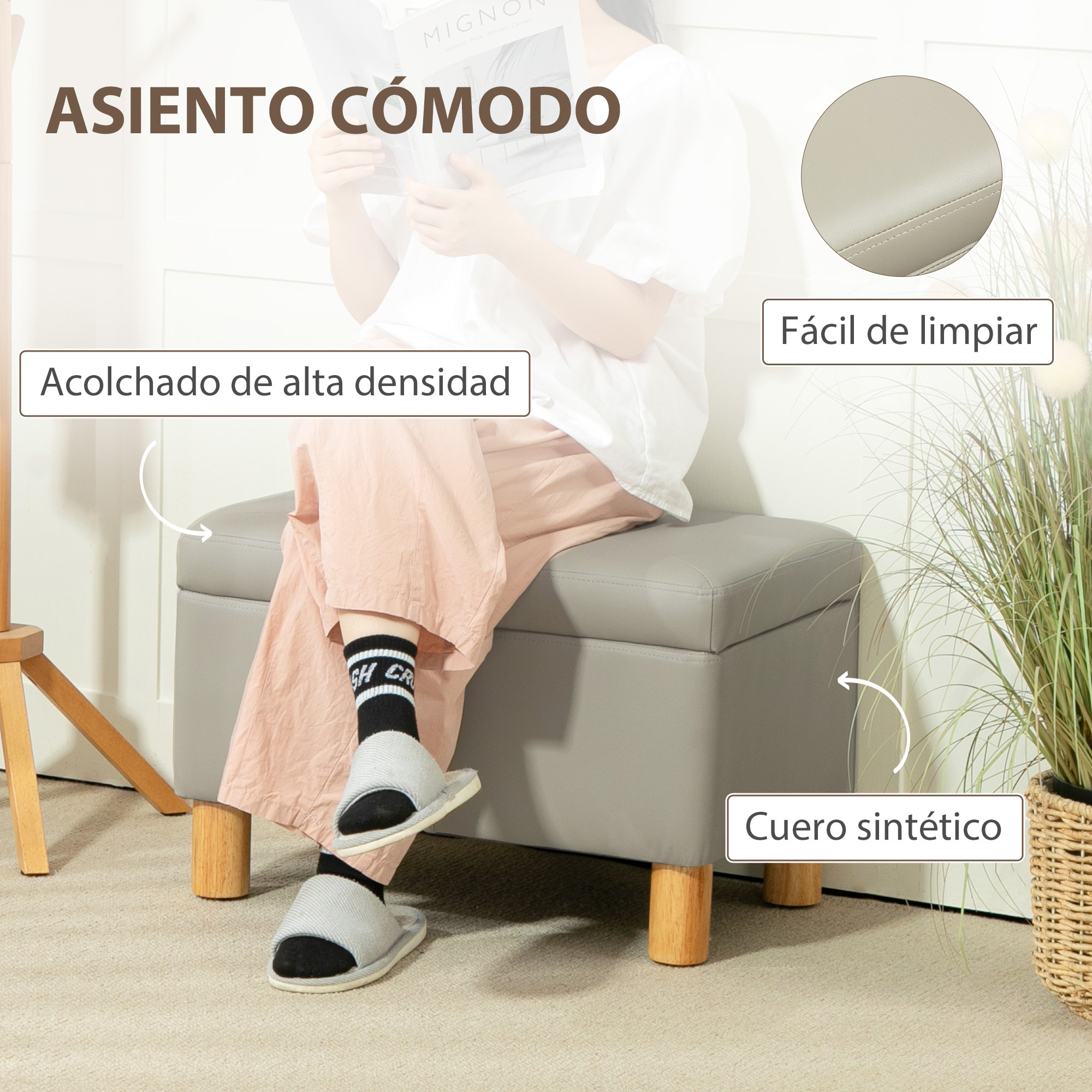 Baúl de Almacenaje para Dormitorio 33L Puff Almacenaje Tapizado en PU Banco de Almacenaje con Patas de Madera para Pasillo Salón 60x38x40 cm Gris Claro