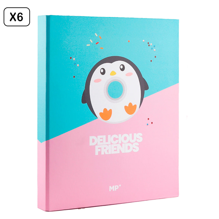 PACK 6 UNITA CARTELLA CARTONE 4 ANELLI Fº DESIGN DELICIOUS FRIENDS PINGUINO