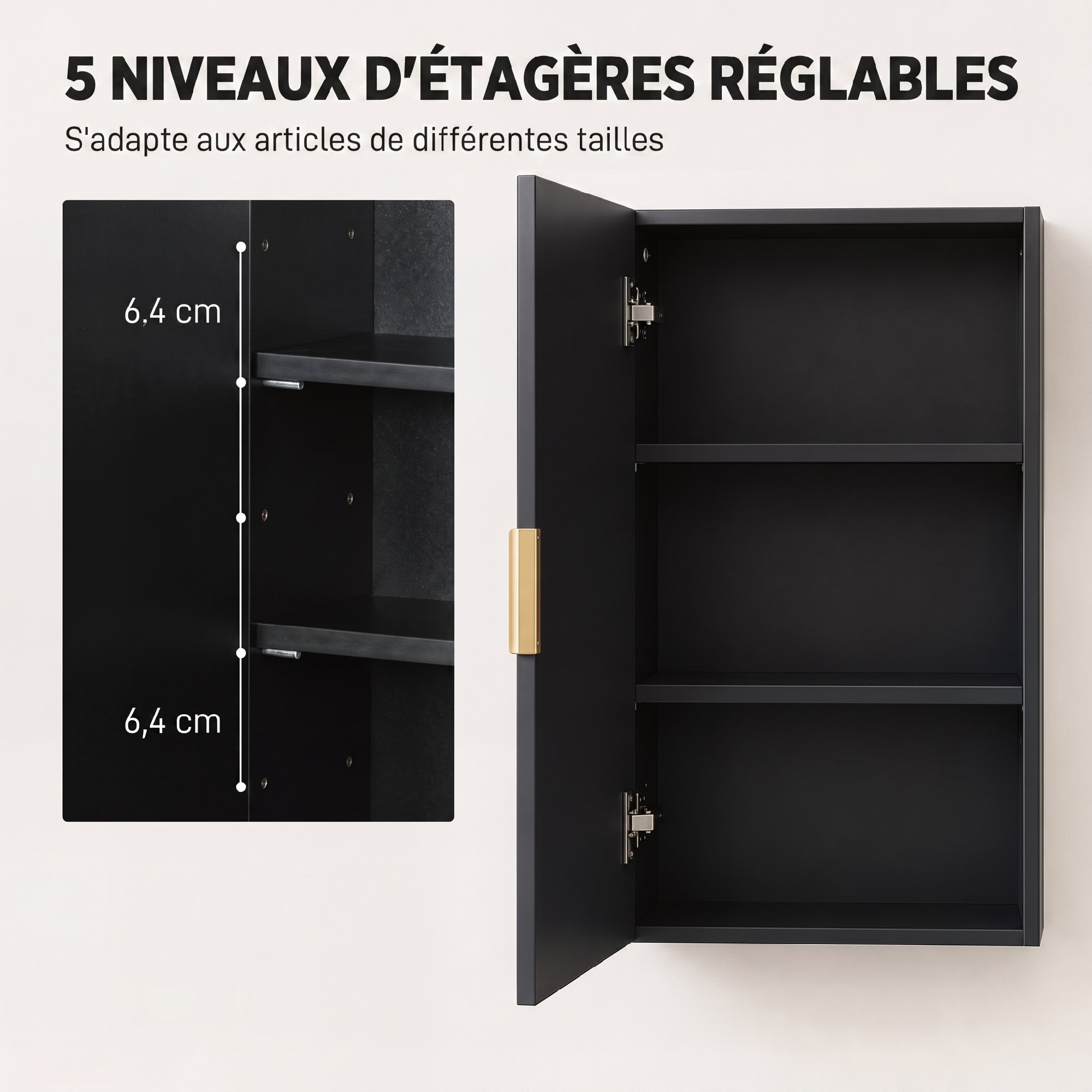 Armoire murale de salle de bain - porte, 2 étagères - poignée métal doré MDF noir