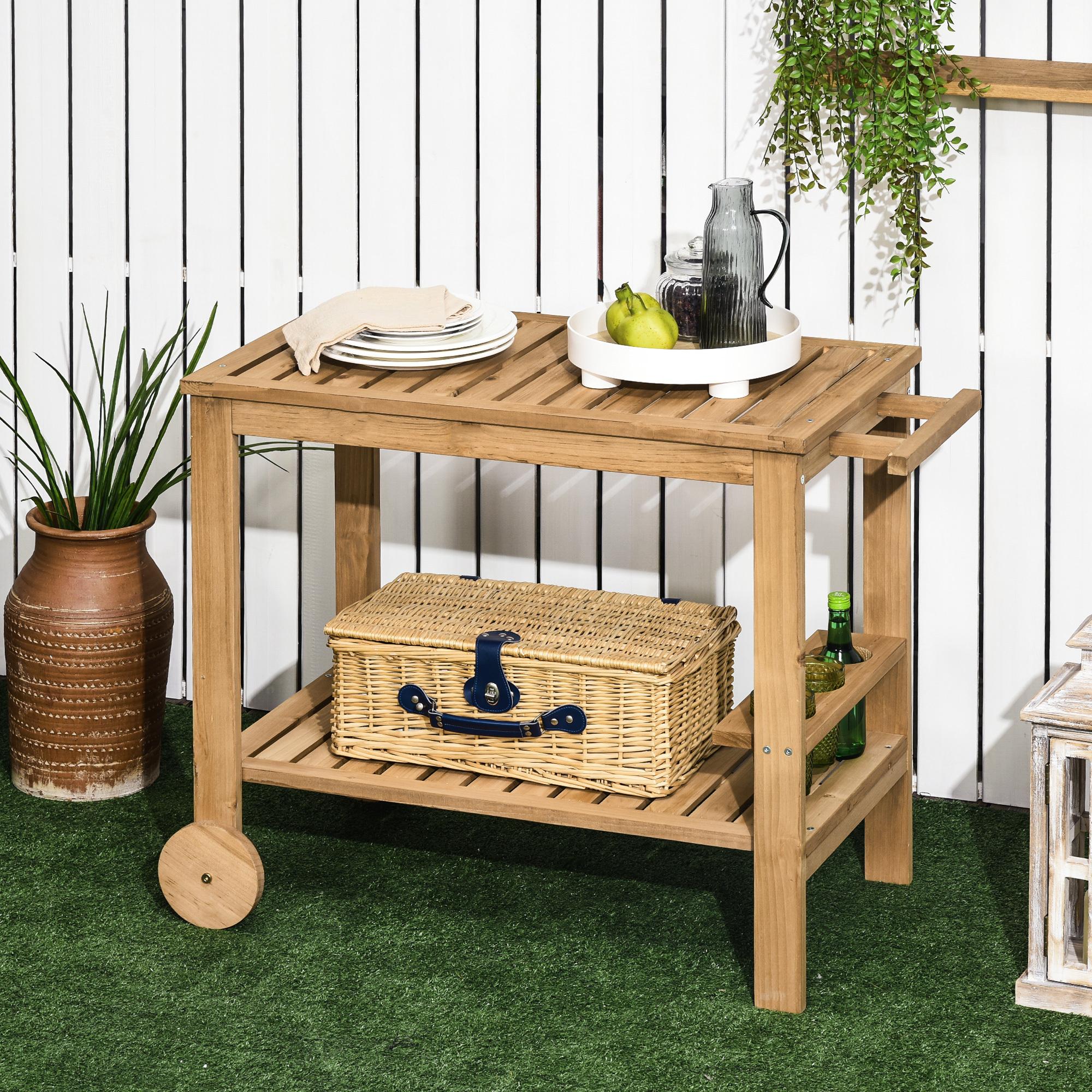 Carrito de Madera de Bar Carro de Servicio de 2 Niveles con Asa Lateral 3 Portabotellas y 2 Ruedas para Jardín Patio Terraza 95x47x74 cm Natural