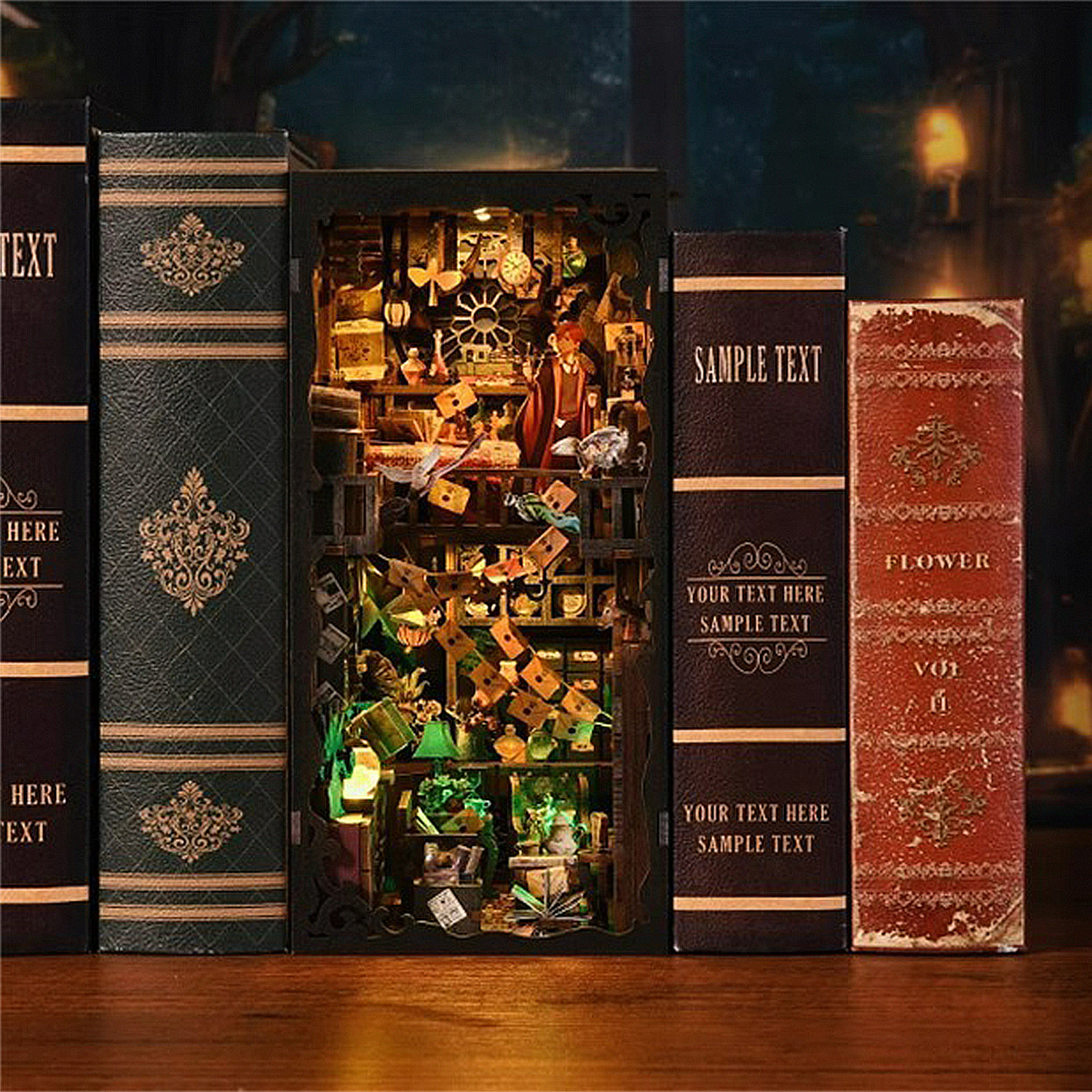 Casa Mágica. Book Nook de madera, diseño 3D realista con gran detalle, cubierta y luces led.