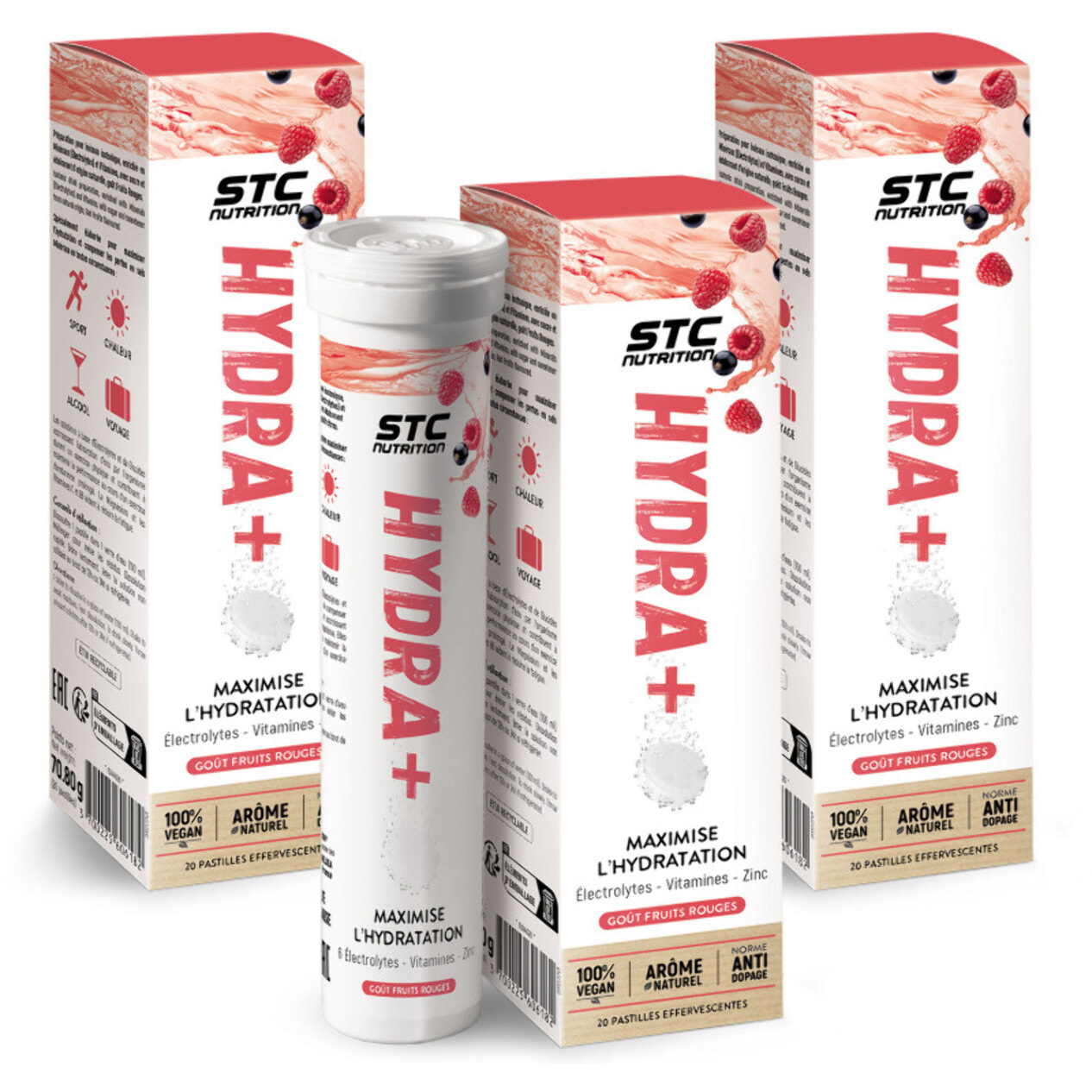 STC NUTRITION - Hydra+ - Préparation pour boisson isotonique à base d'Électrolytes, Vitamines, sucre et édulcorant naturels - Optimise l'hydratation - Fruits Rouges - Lot de 3