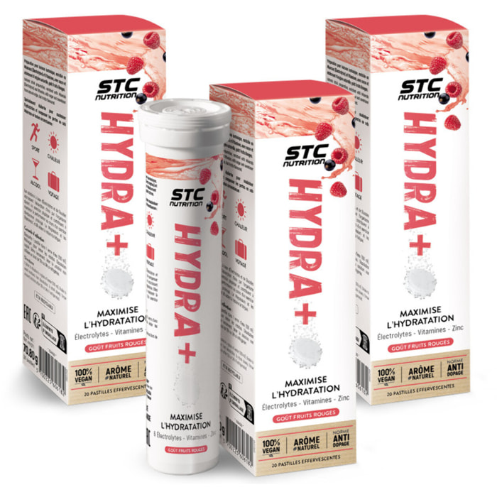 STC NUTRITION - Hydra+ - Préparation pour boisson isotonique à base d'Électrolytes, Vitamines, sucre et édulcorant naturels - Optimise l'hydratation - Fruits Rouges - Lot de 3
