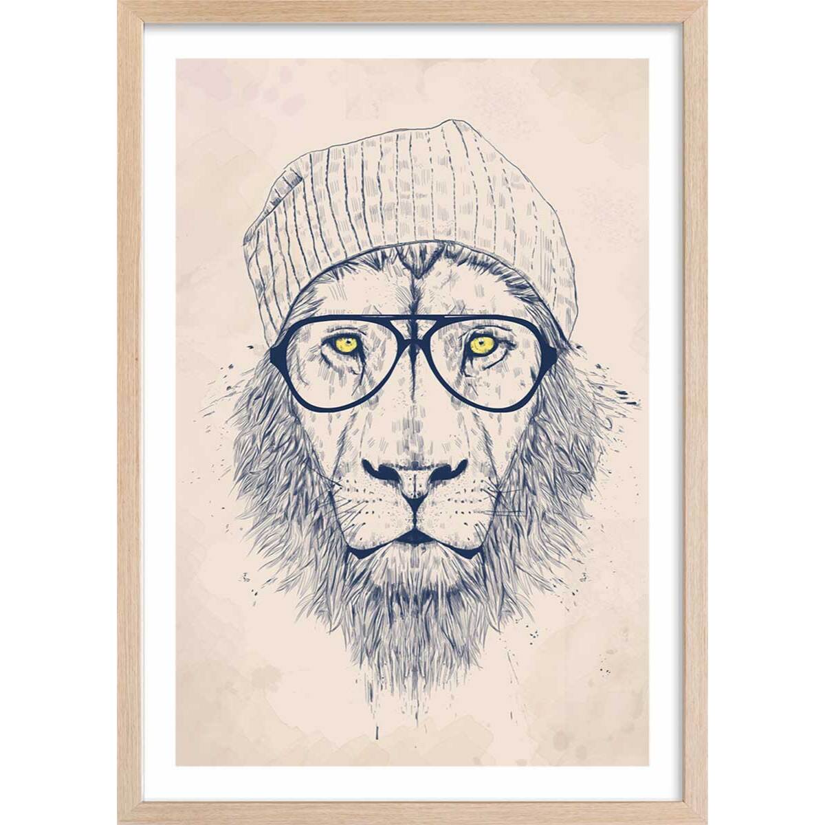 Affiche enfant lion  Affiche + cadre en bois - Chêne