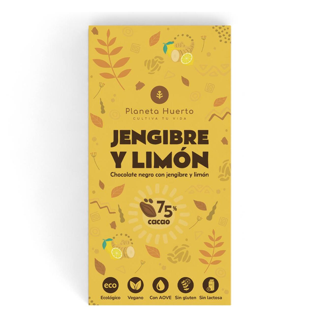 PLANETA HUERTO | Tableta de Chocolate Negro 75% con Jengibre y Limón ECO 100g – Chocolate Vegano con Toque de Jengibre y AOVE, Sin Gluten ni Lactosa