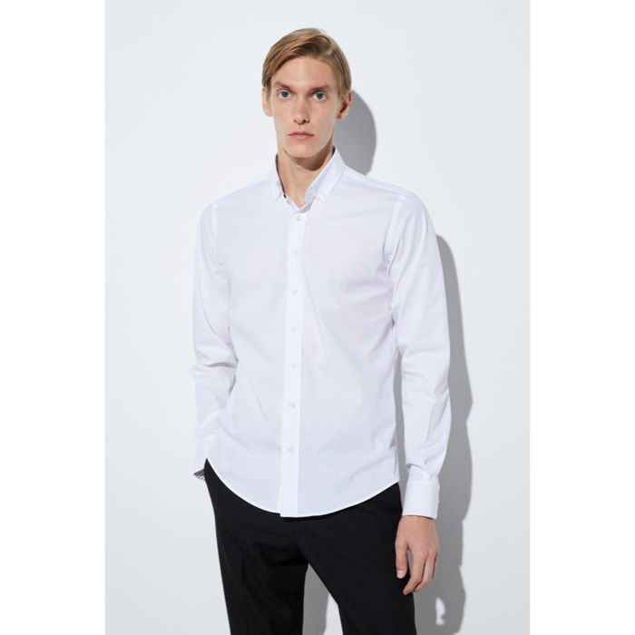 camicia uomo 1 bottone button down slim Popeline Stretch Unito Bianco