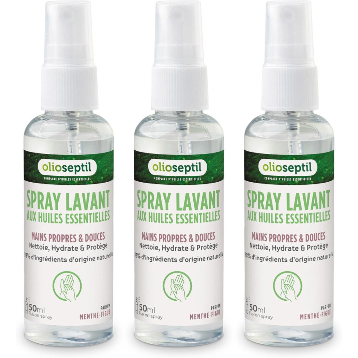 OLIOSEPTIL - Spray Lavant aux Huiles Essentielles - Mains propres et douces - 98% d'ingrédients d'origine naturelle - Nettoie, hydrate & protège - Sans rinçage - Parfum Menthe-Figue - Spray 50ml - Lot de 3